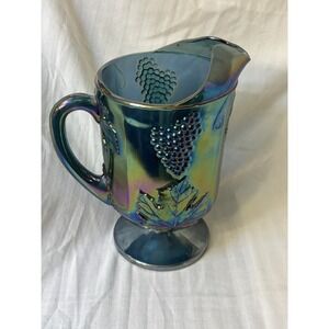 Vintage Indiana Carnival Glass Pitcher Iridescent Blue Harvest Grape Vine